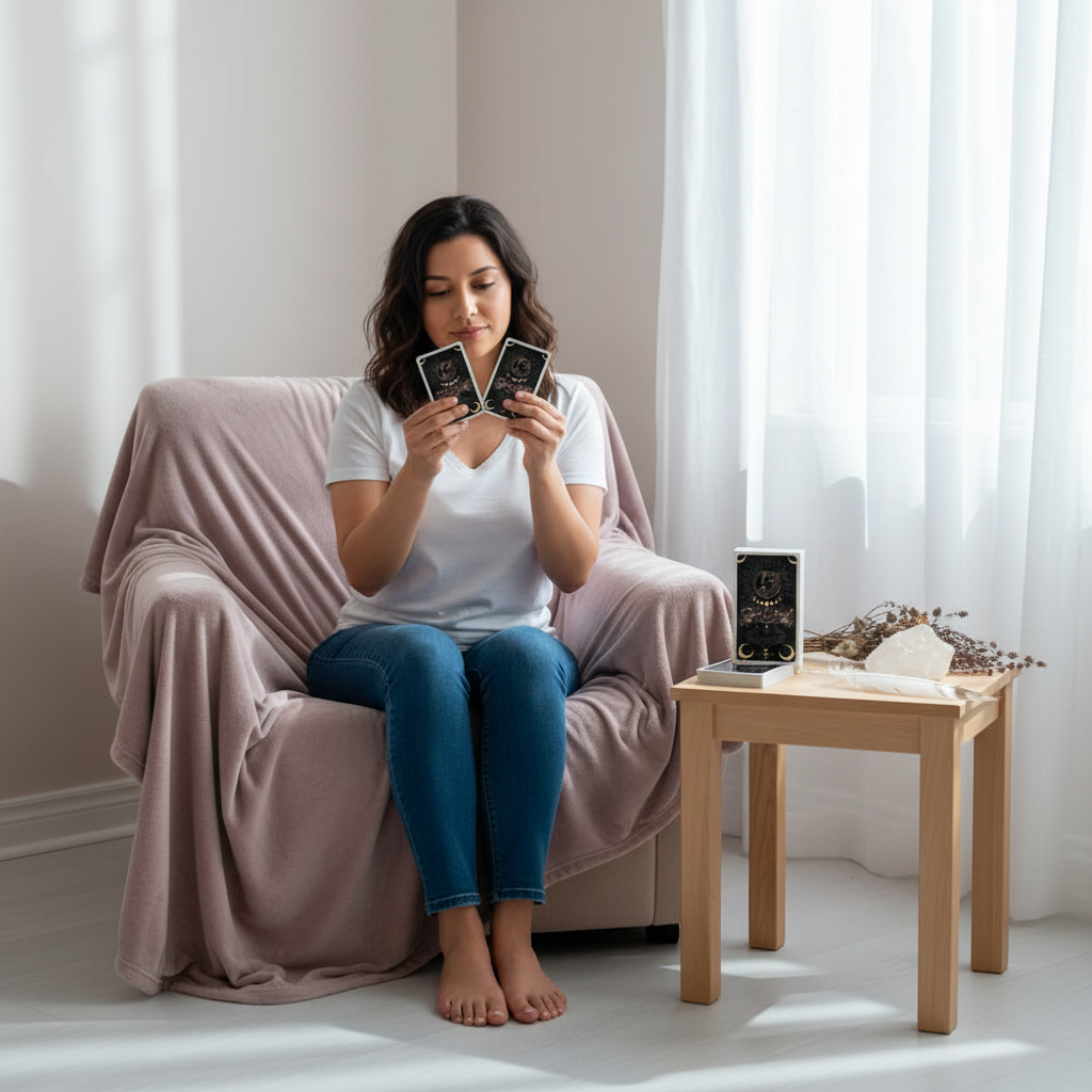 A woman seated in a soft chair holding Spirit Animal Oracle cards while the deck box rests on a nearby table in a calm, softly lit home setting. — for Carpe Diem Dream
