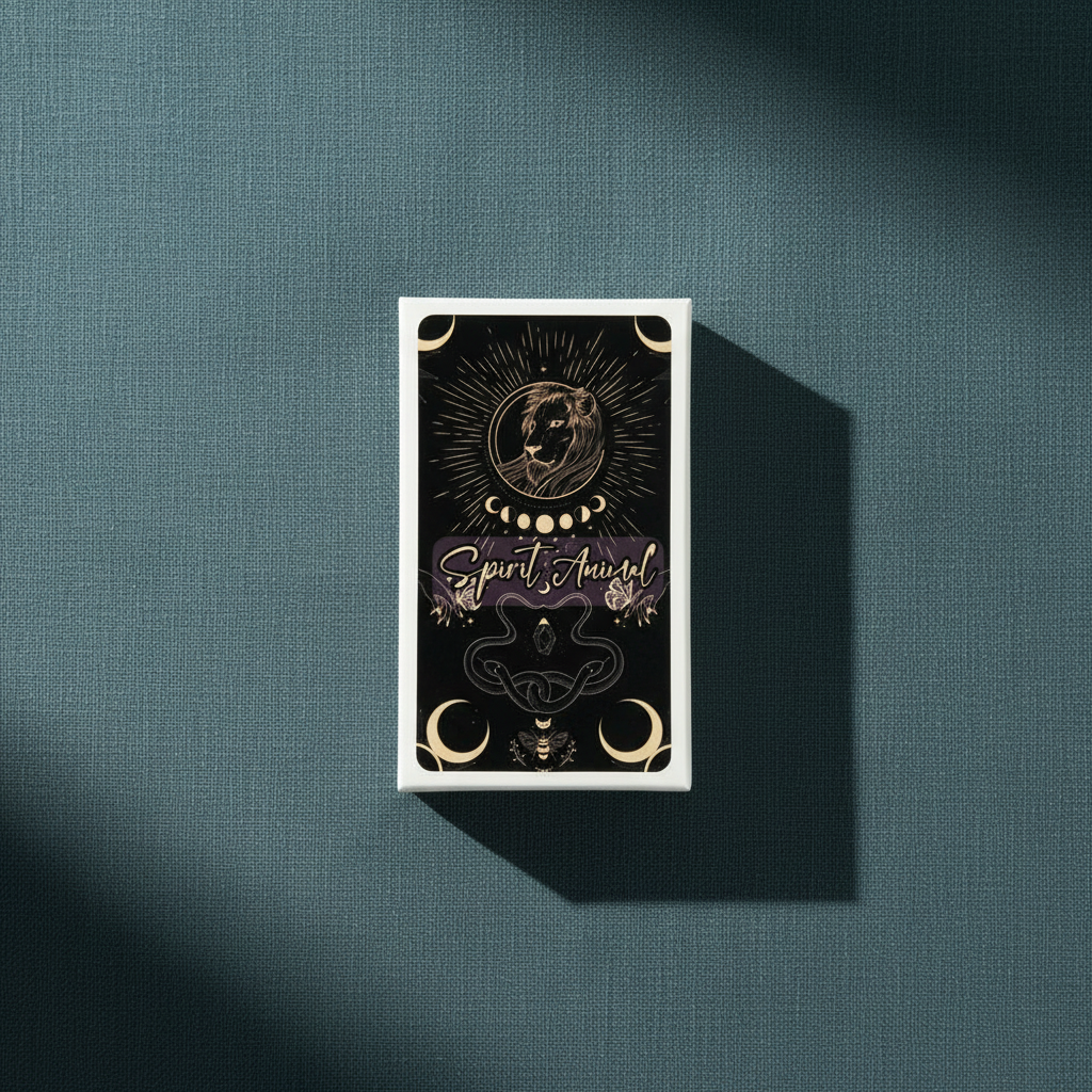 A Spirit Animal Oracle deck box with celestial and animal-inspired artwork displayed upright on a deep teal textured linen surface with soft directional lighting. — for Carpe Diem Dream