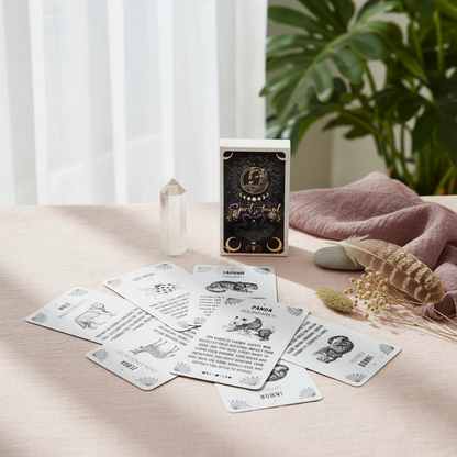 A Spirit Animal Oracle deck displayed with cards spread out on a soft neutral surface alongside a crystal, dried botanicals, and draped fabric in a calm natural setting. — for Carpe Diem Dream