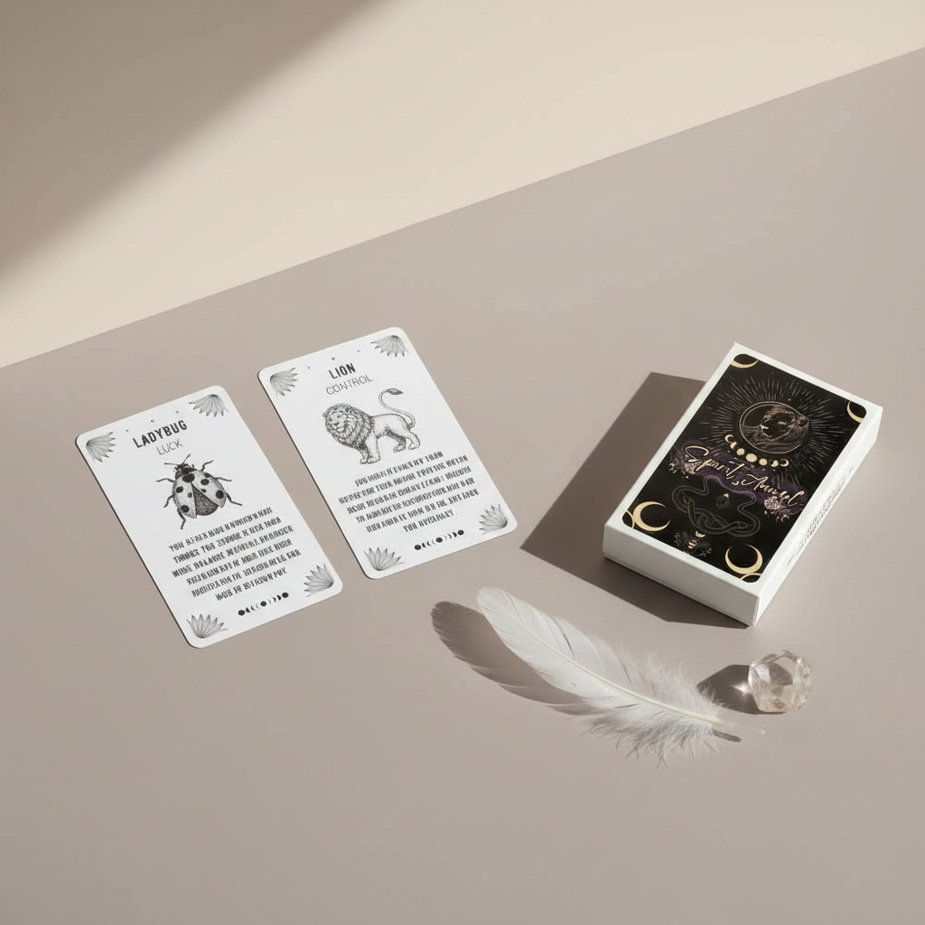 A Spirit Animal Oracle deck with two cards displayed beside the boxed deck along with a feather and small crystal on a soft neutral surface with gentle lighting. — for Carpe Diem Dream