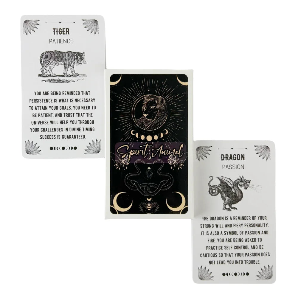 A Spirit Animal Oracle deck box displayed between two oracle cards featuring animal illustrations and descriptive text on a white background. — for Carpe Diem Dream