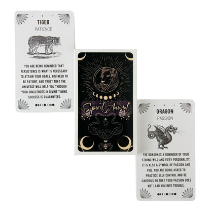 A Spirit Animal Oracle deck box displayed between two oracle cards featuring animal illustrations and descriptive text on a white background. — for Carpe Diem Dream