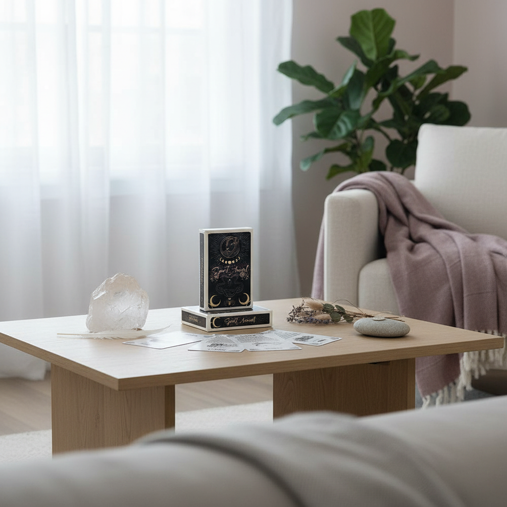 A Spirit Animal Oracle deck displayed on a wooden coffee table with cards laid out beside crystals and natural objects in a softly lit living room setting. — for Carpe Diem Dream