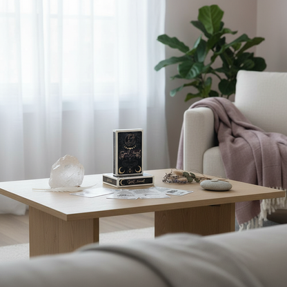 A Spirit Animal Oracle deck displayed on a wooden coffee table with cards laid out beside crystals and natural objects in a softly lit living room setting. — for Carpe Diem Dream