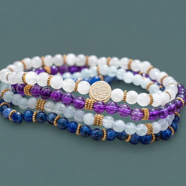 A detailed close-up of four stacked gemstone healing bracelets featuring white, amethyst, icy blue, and deep blue beads with gold accents on a textured teal background. — for Carpe Diem Dream