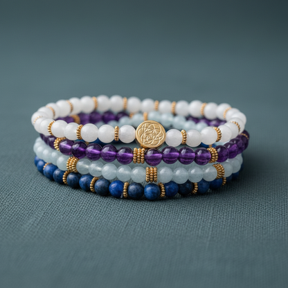A stack of four gemstone healing bracelets in white, amethyst, icy blue, and deep blue beads arranged on a textured teal surface, centered with a gold Flower of Life charm. — for Carpe Diem Dream