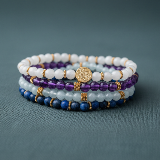 A stack of four gemstone healing bracelets in white, amethyst, icy blue, and deep blue beads arranged on a textured teal surface, centered with a gold Flower of Life charm. — for Carpe Diem Dream