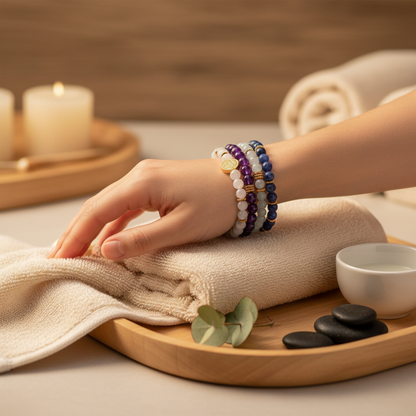 A hand wearing a four-bracelet gemstone stack in white, amethyst, icy blue, and deep blue beads rests on soft spa towels with candles, stones, and warm ambient lighting. — for Carpe Diem Dream