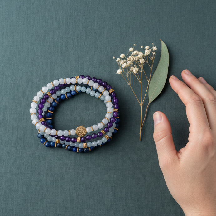Four gemstone healing bracelets in white, amethyst, icy blue, and deep blue beads rest beside a hand and small botanical sprig on a textured teal surface to show scale and symbolism. — for Carpe Diem Dream