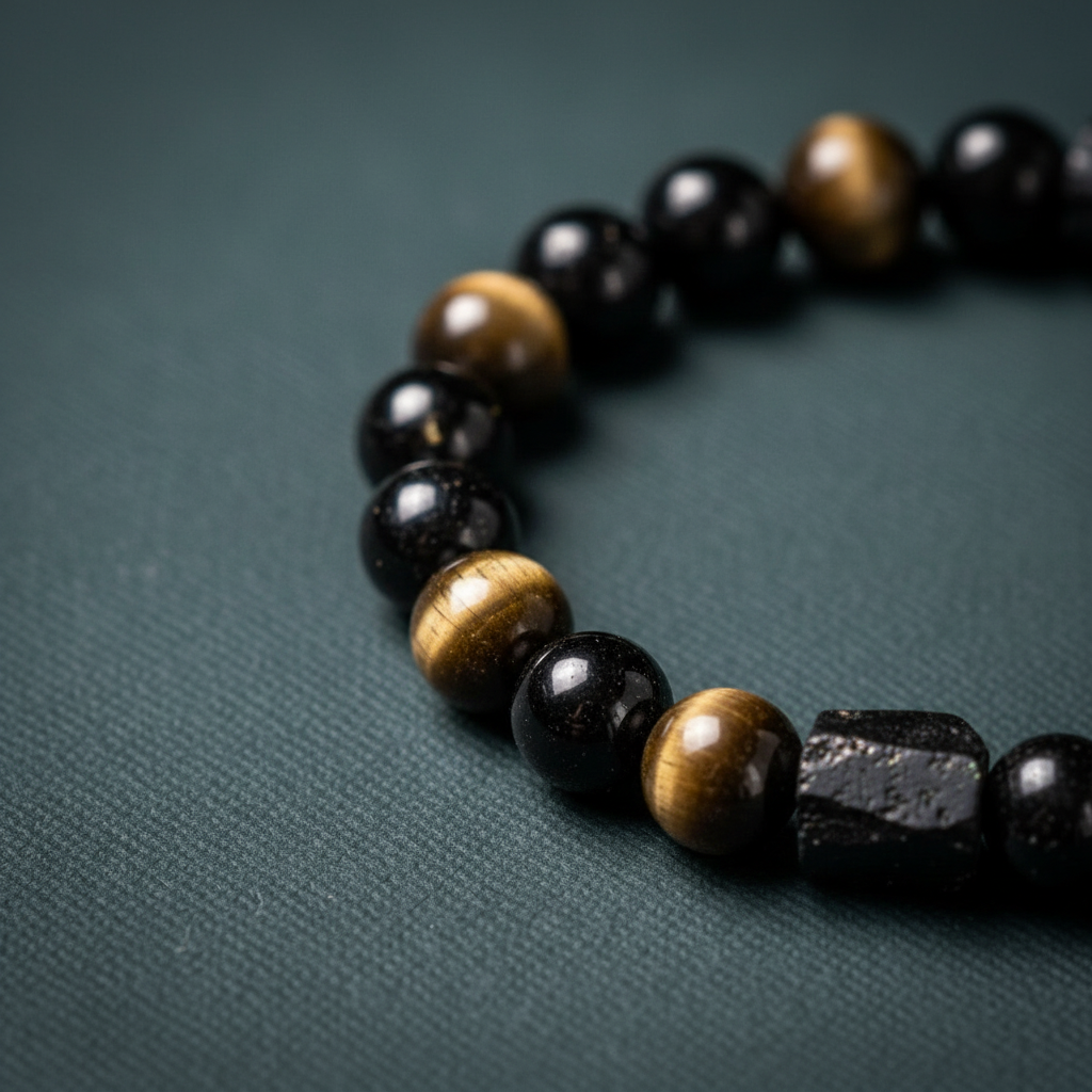 A close-up view of the Spiritual Protection Bracelet highlighting polished tourmaline and golden obsidian beads against a deep teal textured background. — for Carpe Diem Dream