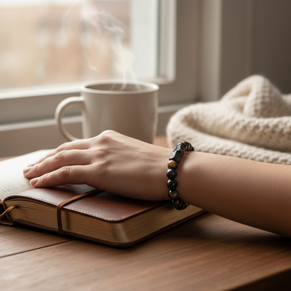 The Spiritual Protection Bracelet worn on the wrist while resting on a journal beside a warm cup of tea, creating a calm and grounded daily ritual moment. — for Carpe Diem Dream