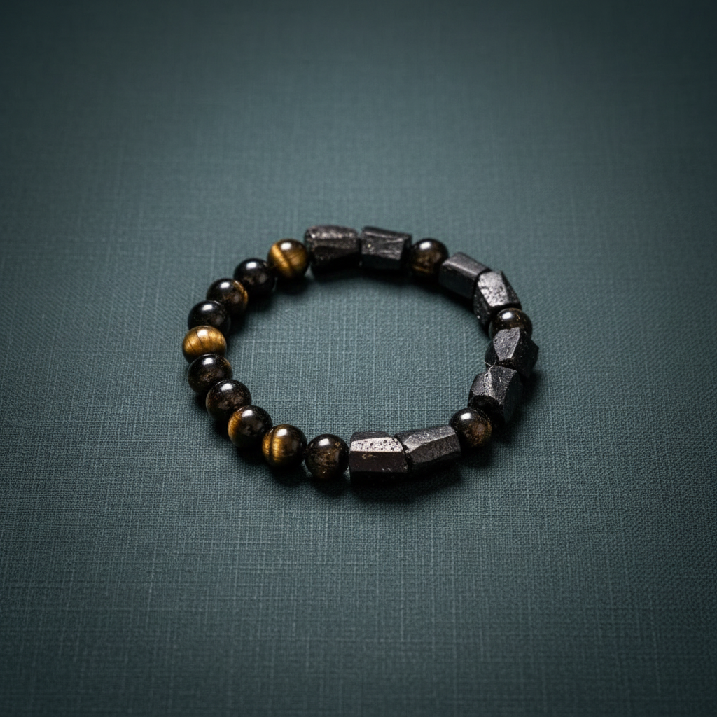 The Spiritual Protection Bracelet featuring tourmaline and golden obsidian beads arranged in a circular form on a deep teal textured background. — for Carpe Diem Dream