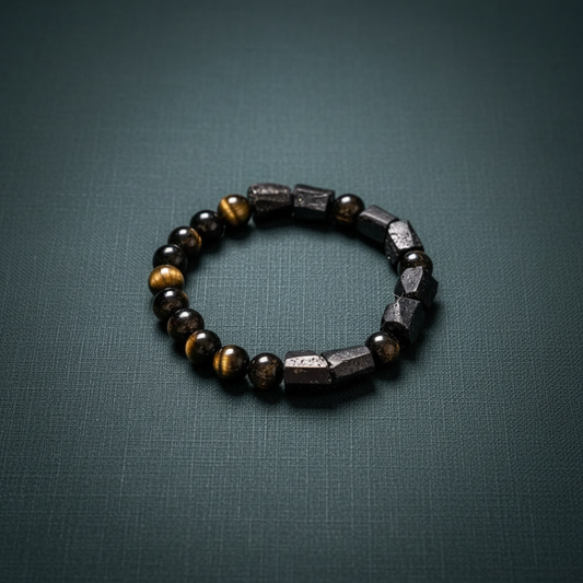 The Spiritual Protection Bracelet featuring tourmaline and golden obsidian beads arranged in a circular form on a deep teal textured background. — for Carpe Diem Dream