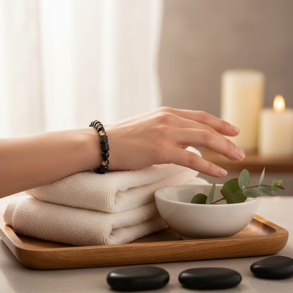 The Spiritual Protection Bracelet worn on the wrist above folded spa towels with smooth stones and botanicals, evoking a peaceful spa retreat moment. — for Carpe Diem Dream