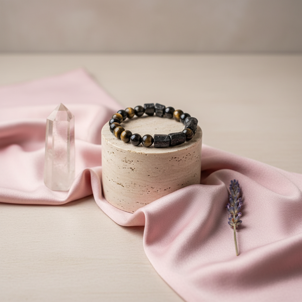The Spiritual Protection Bracelet arranged on a stone pedestal with a clear quartz point and soft pink fabric, creating a calm studio setting. — for Carpe Diem Dream