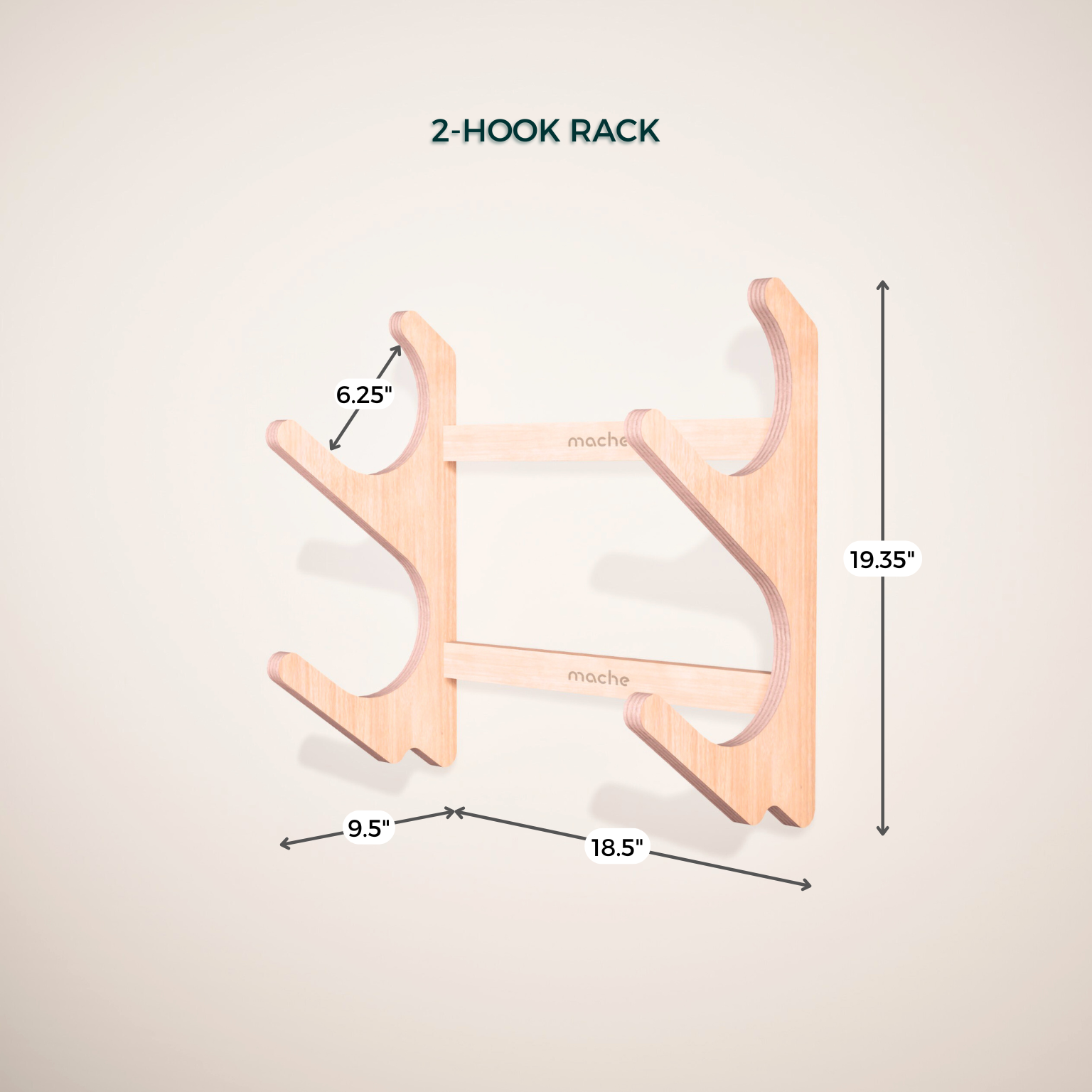 Natural wood two-hook StackRack yoga prop wall organizer shown with measurement labels on a light background. — for Carpe Diem Dream