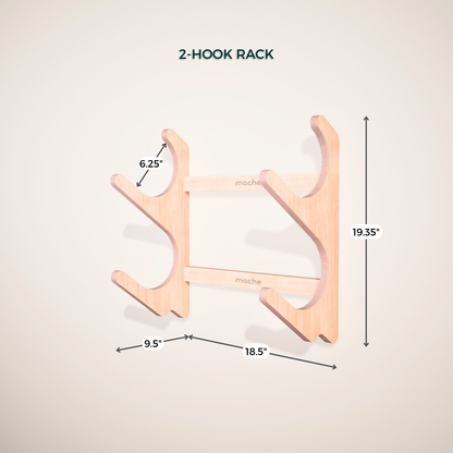 Natural wood two-hook StackRack yoga prop wall organizer shown with measurement labels on a light background. — for Carpe Diem Dream