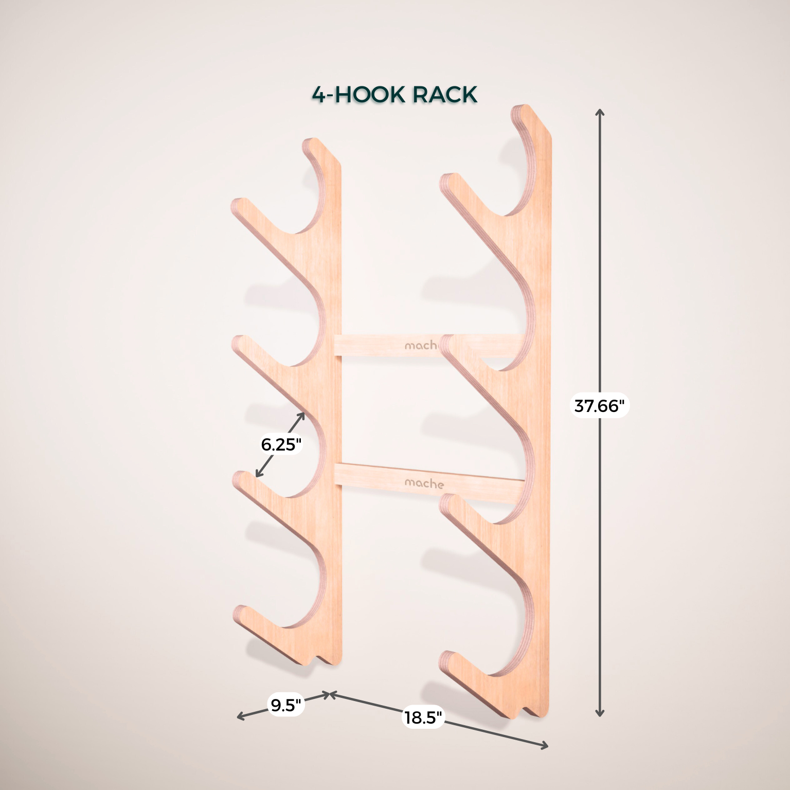 Natural wood four-hook StackRack yoga prop wall organizer shown with measurement labels on a light background. — for Carpe Diem Dream