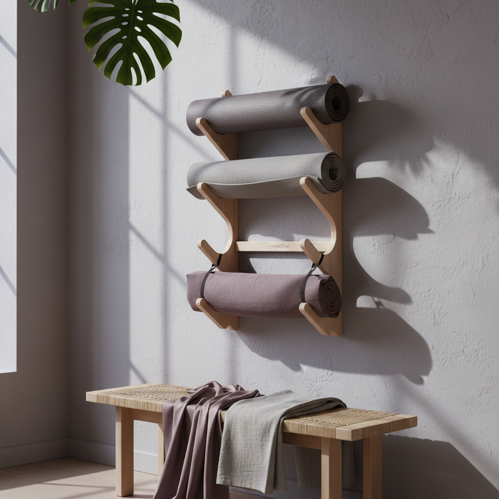 Natural wood StackRack yoga prop wall organizer holding gray and mauve rolled yoga mats above a wood bench with draped fabric and soft window shadows. — for Carpe Diem Dream