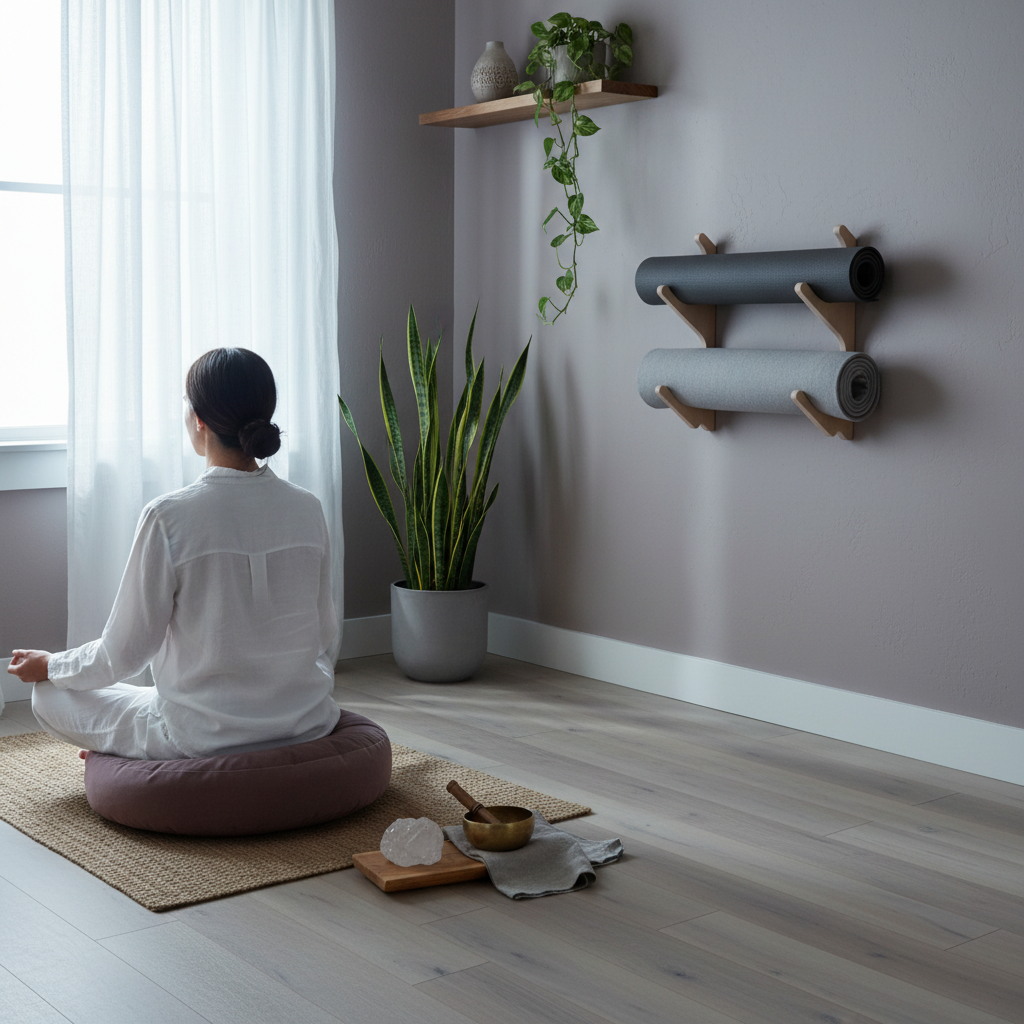 Natural wood StackRack yoga prop wall organizer holding two gray yoga mats behind a woman meditating on a mauve cushion in a calm room with plants, crystals, and a singing bowl. — for Carpe Diem Dream