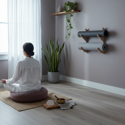 Natural wood StackRack yoga prop wall organizer holding two gray yoga mats behind a woman meditating on a mauve cushion in a calm room with plants, crystals, and a singing bowl. — for Carpe Diem Dream