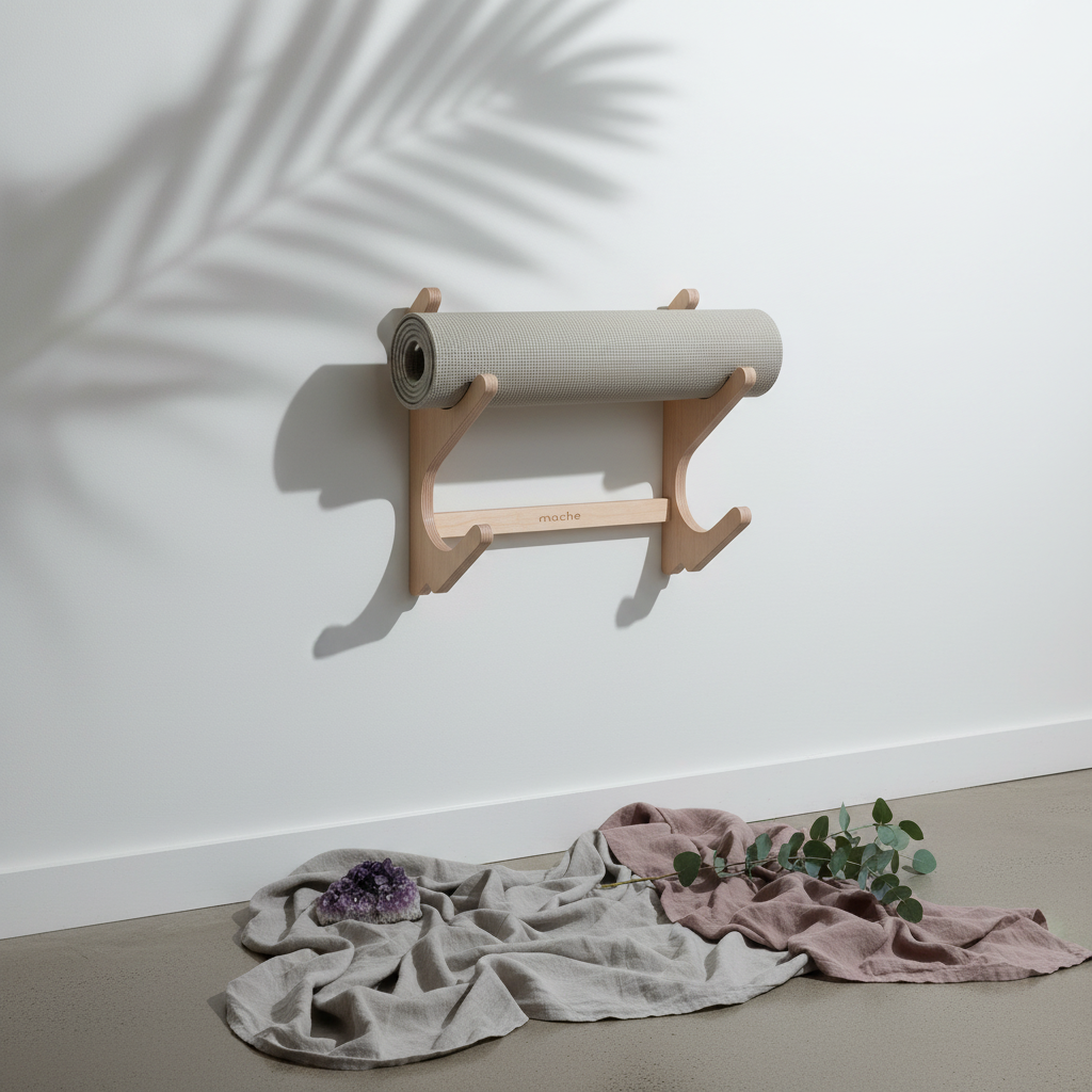 Natural wood StackRack yoga prop wall organizer holding a gray yoga mat on a white wall with palm leaf shadows, gray and mauve fabric, eucalyptus, and an amethyst crystal below. — for Carpe Diem Dream