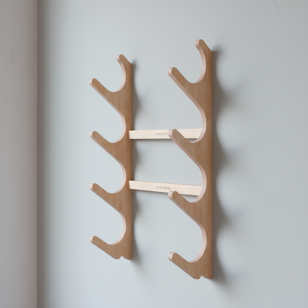 Natural wood StackRack yoga prop wall organizer mounted on a pale blue wall with soft shadows. — for Carpe Diem Dream