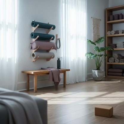 Natural wood StackRack yoga prop wall organizer holding rolled yoga mats and bolsters in a bright wellness room with a bench, shelving, a plant, and soft window light. — for Carpe Diem Dream