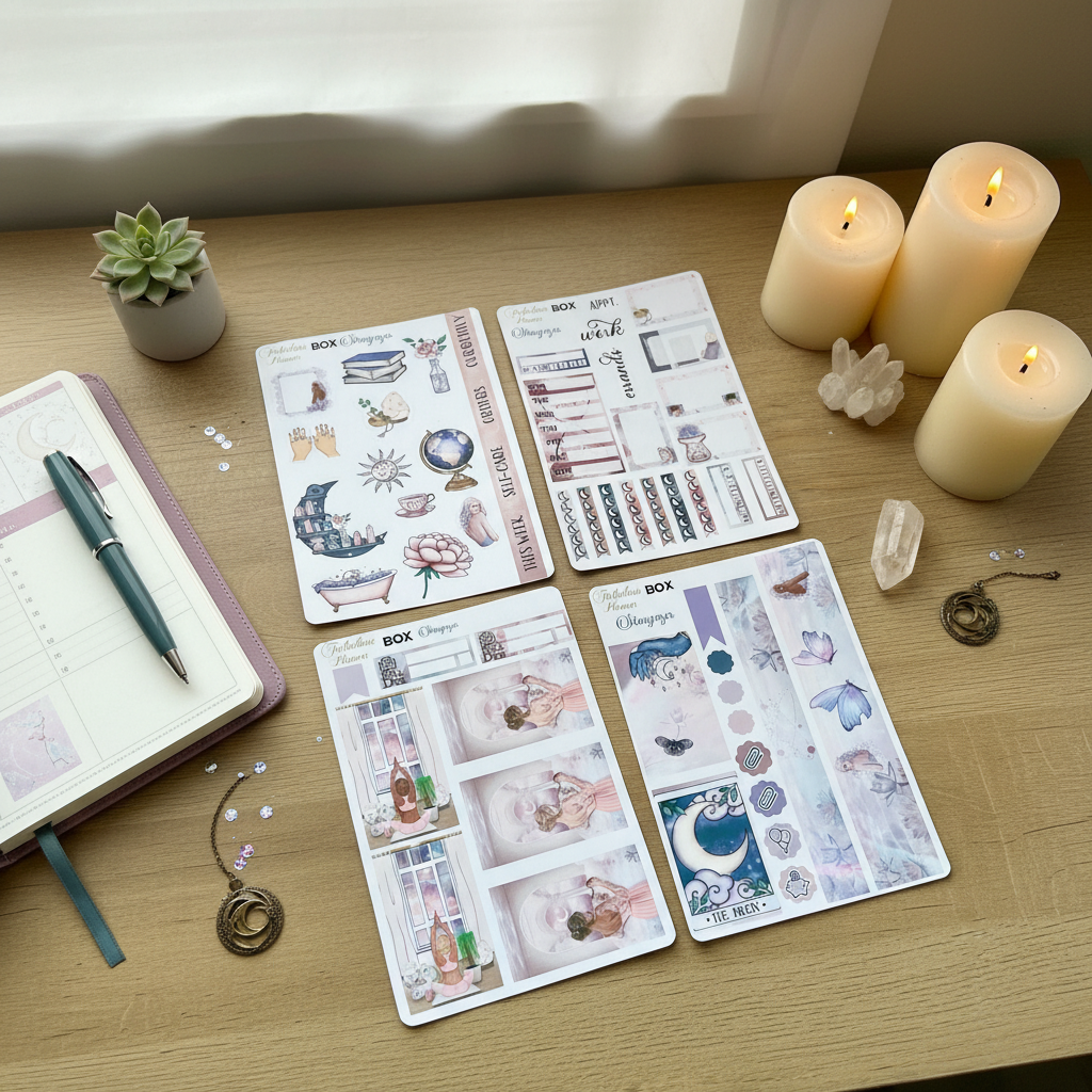 Four 4x6 stargazer planner sticker sheets featuring mystical illustrations, moon phases, crystals, and celestial icons displayed on a desk with candles, crystals, and an open planner. — for Carpe Diem Dream