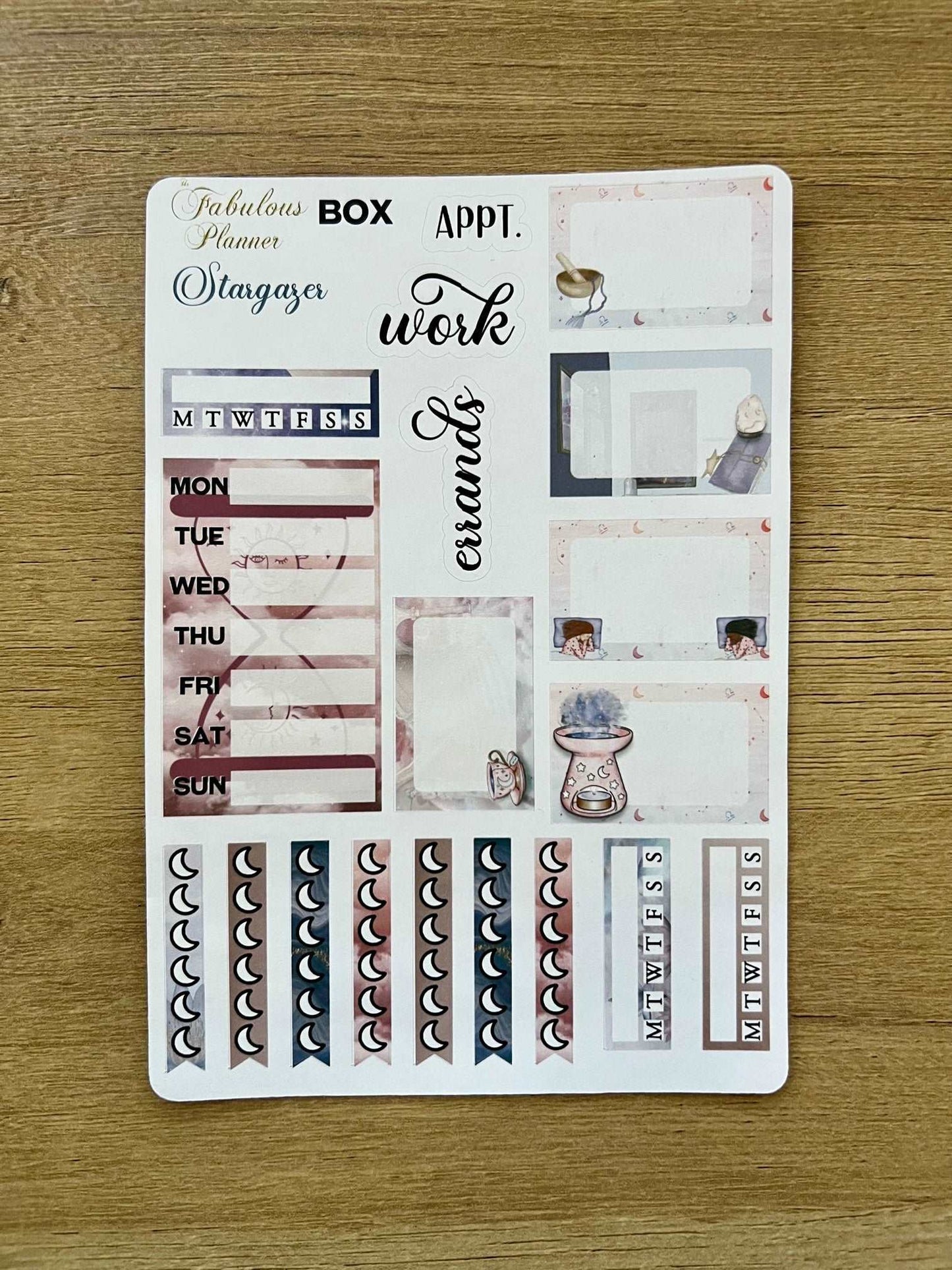 4x6 stargazer planner sticker sheet featuring weekly headers, moon phase icons, work labels, and celestial planning elements on a wooden background. — for Carpe Diem Dream