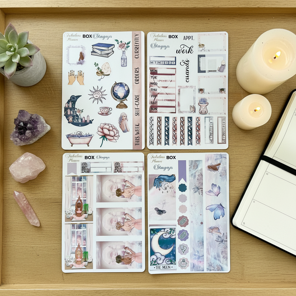 Four 4x6 stargazer planner sticker sheets featuring mystical illustrations, moon phases, crystals, and celestial icons displayed on a wooden tray with candles and crystals. — for Carpe Diem Dream