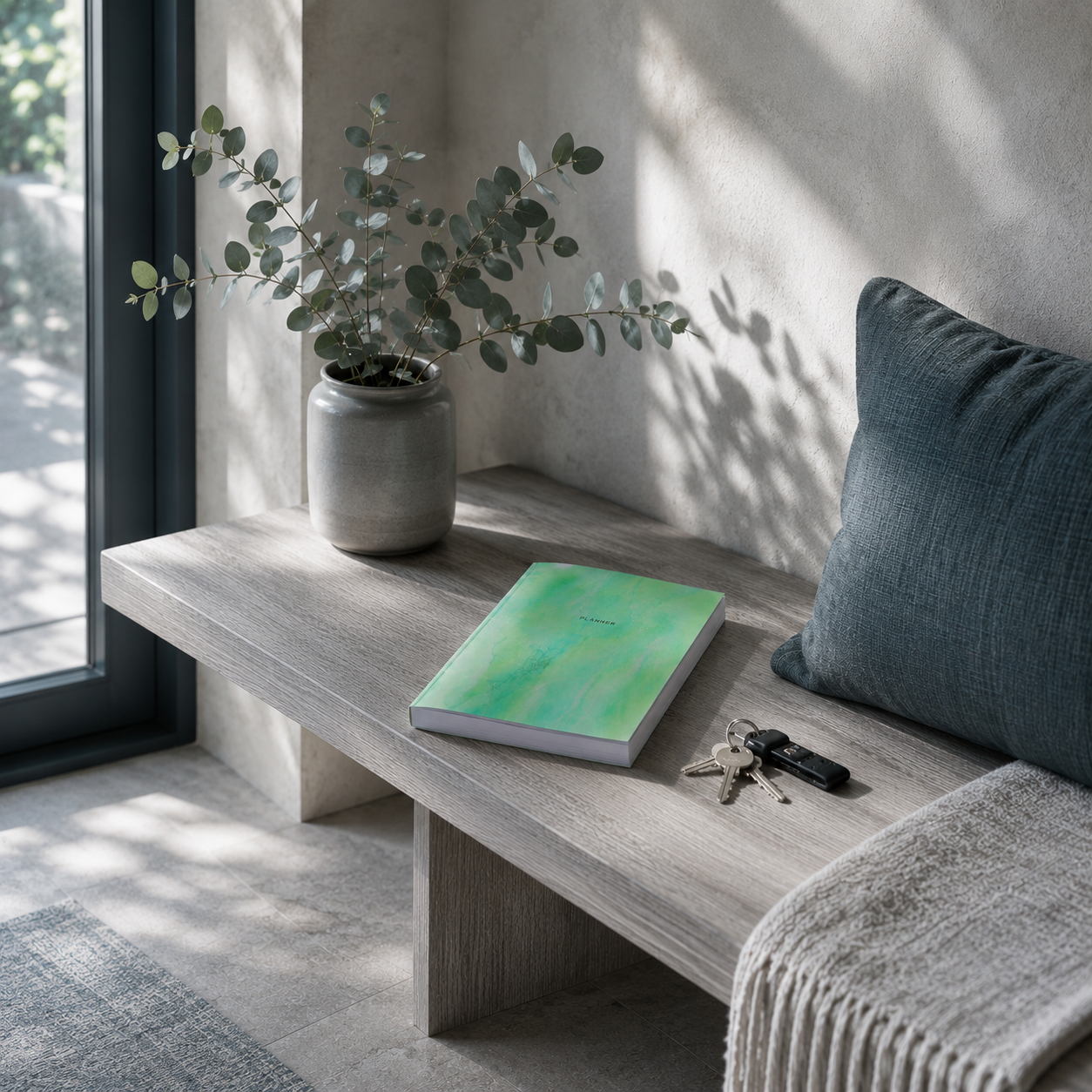 Start Anytime Undated 52-Week Planner by Big Fish Planners resting closed on a cool ash wood entryway bench in a calm, intentionally organized home, styled with a muted teal cushion, ceramic vase with eucalyptus stems, and a set of keys under soft diffused daylight, conveying a sense of clarity, forward momentum, and peaceful accomplishment while preserving the planner's original cover artwork and realistic paperback proportions — for Carpe Diem Dream