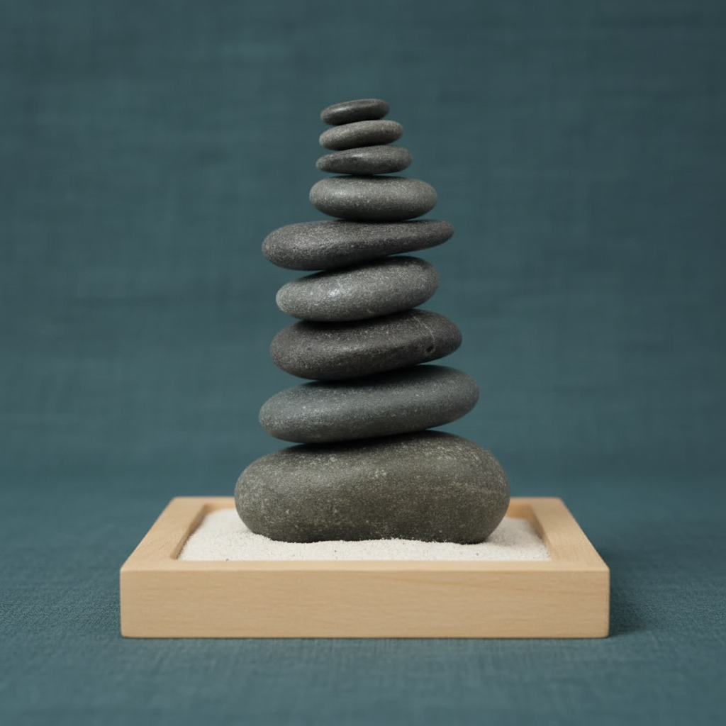 Balanced hematite stones stacked on a beechwood tray filled with sand from the Stone Stacking mindfulness kit. — for Carpe Diem Dream