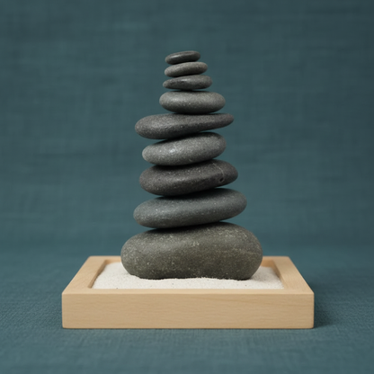 Balanced hematite stones stacked on a beechwood tray filled with sand from the Stone Stacking mindfulness kit. — for Carpe Diem Dream