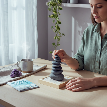 Person carefully balancing hematite stones from the Stone Stacking mindfulness kit on a beechwood tray filled with sand in a calm mindful workspace. — for Carpe Diem Dream
