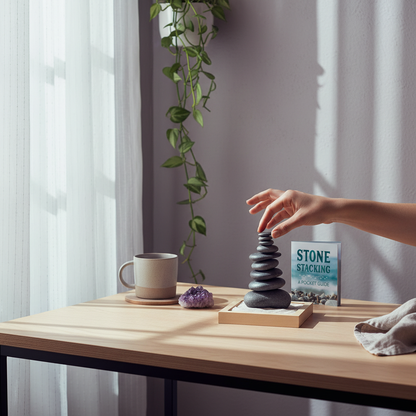 Person balancing hematite stones from the Stone Stacking mindfulness kit on a beechwood tray in a calm workspace. — for Carpe Diem Dream