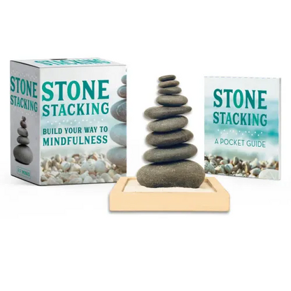 Stone Stacking mindfulness kit featuring stacked hematite stones, beechwood tray, guidebook, and product packaging. — for Carpe Diem Dream