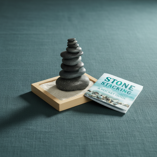 Stacked hematite stones displayed on a beechwood tray with sand and mindfulness guidebook from the Stone Stacking kit. — for Carpe Diem Dream