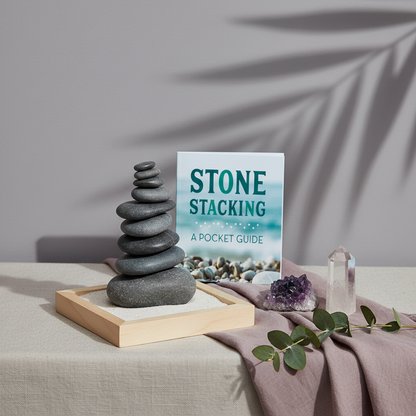 Stone Stacking mindfulness kit displayed with stacked hematite stones, beechwood tray, guidebook, amethyst, and clear quartz in a botanical-inspired setting. — for Carpe Diem Dream