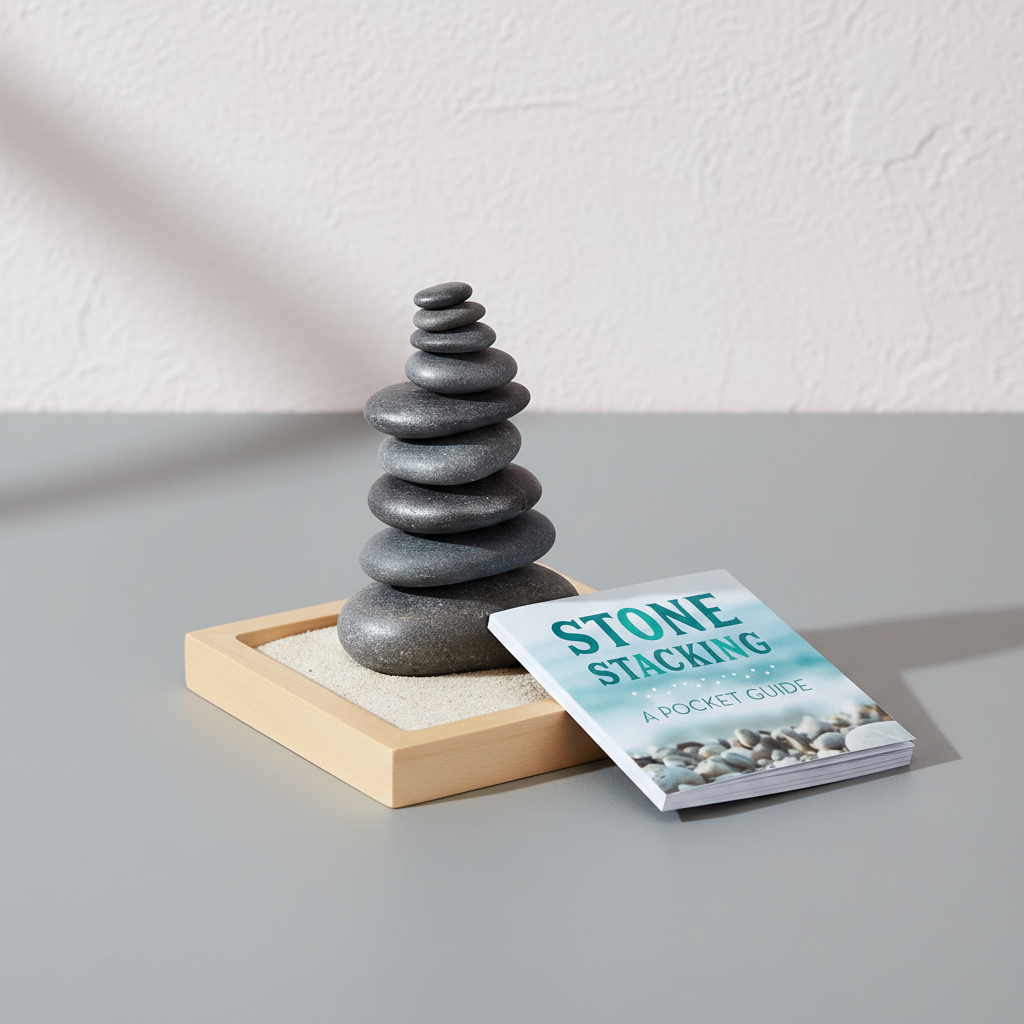 Stone Stacking mindfulness kit with balanced hematite stones, beechwood tray, sand, and pocket guide displayed in a clean studio setting. — for Carpe Diem Dream