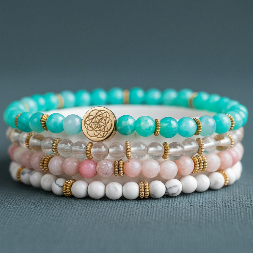 A close-up view of stacked Amazonite, Pink Opal, Clear Quartz, and Howlite bead bracelets showing gemstone texture and gold accents on a muted teal surface. — for Carpe Diem Dream