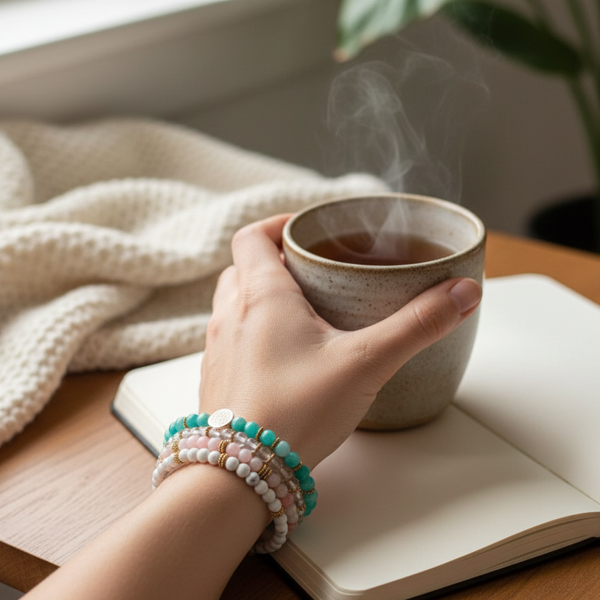 A hand holding a warm cup of tea while wearing stacked Amazonite, Pink Opal, Clear Quartz, and Howlite bead bracelets beside an open notebook on a cozy wooden surface. — for Carpe Diem Dream