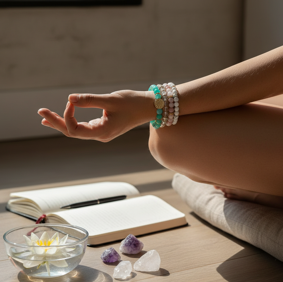 A stacked set of Amazonite, Pink Opal, Clear Quartz, and Howlite bead bracelets worn during a seated meditation beside an open journal, crystal points, and a floating lotus bowl on a warm wooden floor. — for Carpe Diem Dream