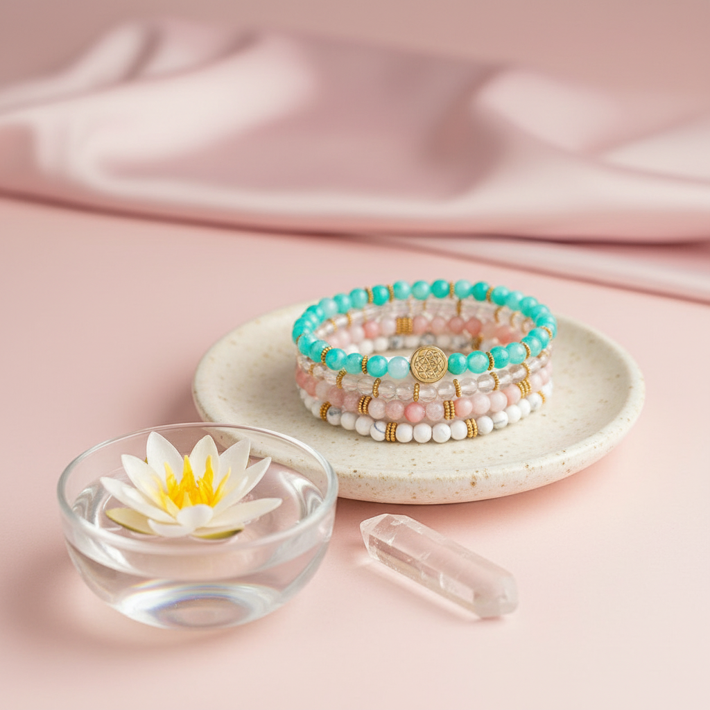 A stacked set of Amazonite, Pink Opal, Clear Quartz, and Howlite bead bracelets arranged on a round speckled tray beside a floating lotus blossom and a clear quartz point on a blush-toned surface. — for Carpe Diem Dream