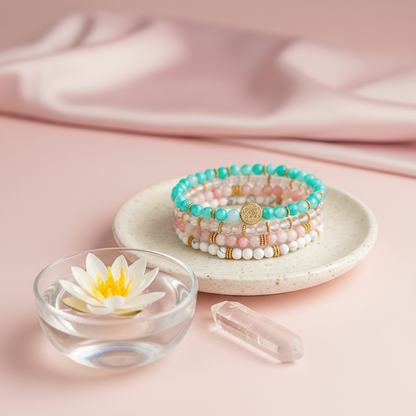A stacked set of Amazonite, Pink Opal, Clear Quartz, and Howlite bead bracelets arranged on a round speckled tray beside a floating lotus blossom and a clear quartz point on a blush-toned surface. — for Carpe Diem Dream