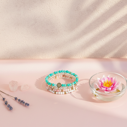 A stacked set of four crystal bead bracelets displayed on soft blush satin beside a floating lotus blossom and lavender sprigs in warm natural light. — for Carpe Diem Dream