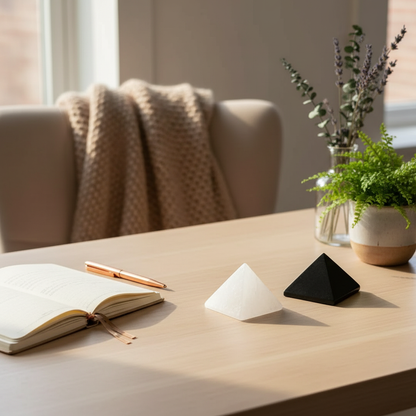 A white and black crystal pyramid displayed on a light wood tabletop beside an open journal, pen, and potted plants in soft natural window light. — for Carpe Diem Dream