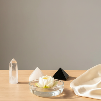 A white and black crystal pyramid displayed on a light wood surface beside a clear quartz point, a floating lotus bowl, and a draped cream fabric in soft natural light. — for Carpe Diem Dream