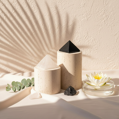 A white and black crystal pyramid displayed on cream cylindrical stands beside a glass bowl with a floating lotus and soft botanical shadows. — for Carpe Diem Dream
