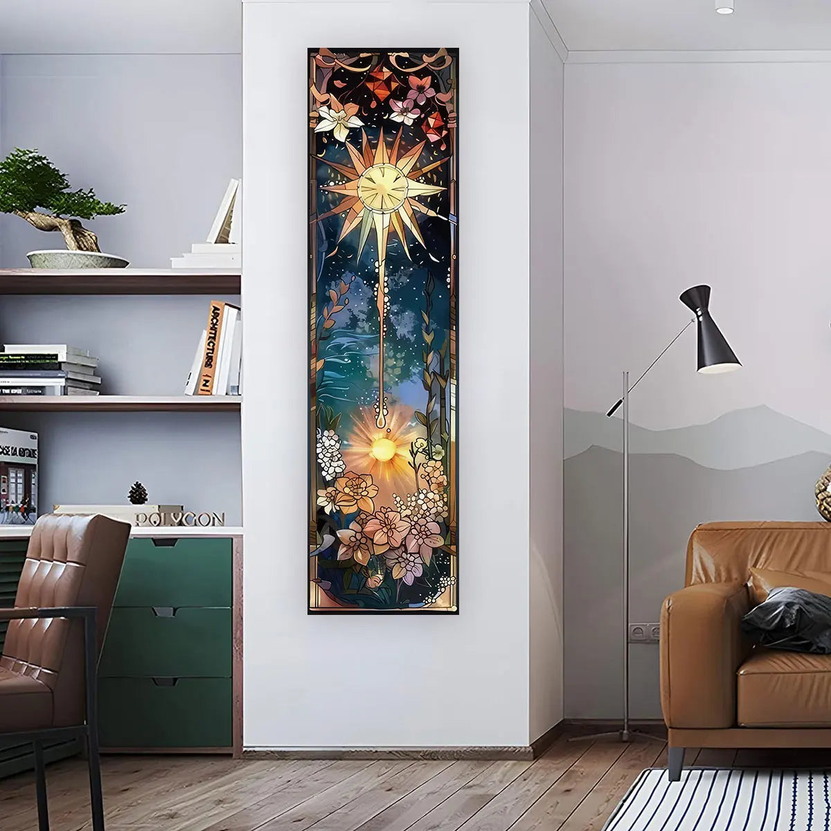 Sun and flower celestial banner tapestry displayed vertically on a living room wall beside a chair and shelving, showing full length and real placement in a modern interior space. — for Carpe Diem Dream
